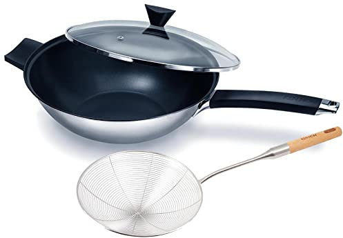 Ken Hom Edelstahl Wok 32 cm Induktion 3-tlg. antihaftbeschichtet mit Glasdeckel - große Stielwokpfanne für Gas, Elektro & Glaskeramik - inkl. Edelstahl Schaumlöffel
