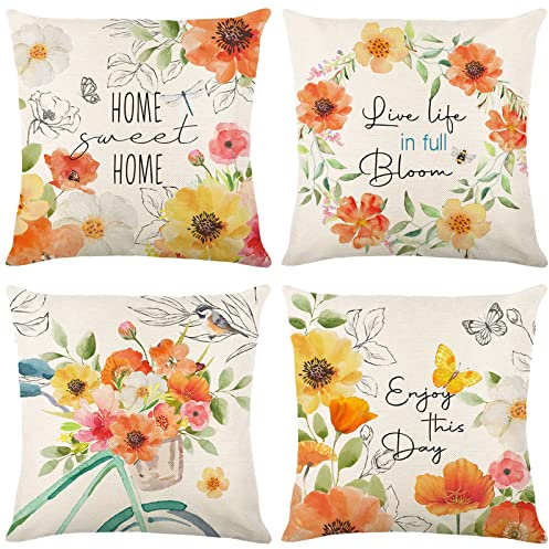 YMQIANYU 4er Set Dekorative Kissenbezug 45x45 Vintage Blumen Schmetterlings Print Leinen Kissenbezüge Sofa Dekokissen Kissenhüllen für Wohnzimmer (45 x 45 cm, Set D)