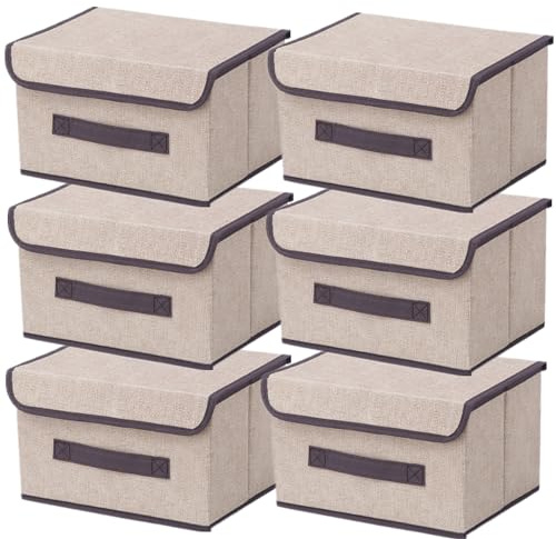 NCRGB Boite de Rangement avec Couvercle,Boite Rangement Tissu,Cube de Rangement tissu,Pliantes,Boîtes de Rangement pour placards,Vêtements,Penderies,Jouets (26×19×16cm/6pack, Beige Blanc)