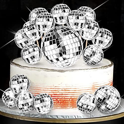 26PCS Disco Ball Cake Toppers, 70's Disco Cake Toppers, Disco Cake Decoration with Flashing Silver Mirror Ball for 70s Dance Birthday Party Accessories to Make Your Cake and Party More Attractive