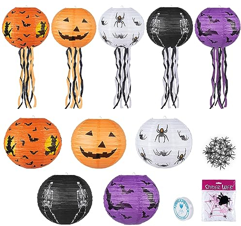 Halloween Laterne Papier - 5 Stile Runden Papierlaterne Hängedeko Kinder + 50g Spinnennetz + 20 Spinnen, Geist Schläger Mit Quasten Faltbar Papierlaternen (8+10)