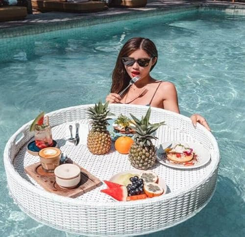 Vassoio da Portata in Rattan Tessuto,Vassoio A Telaio In Rattan Rotondo Piscina Piscina Galleggianti, Vassoio da Portata Galleggiante di Tavolo Bar per Feste in Piscina o in Spiaggia,White-60CM