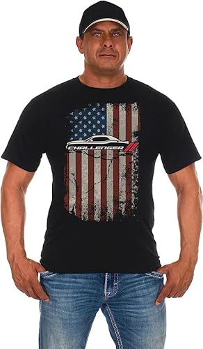 JH Design Group Herren Dodge Challenger T-Shirt American Flag Black Crew Neck Shirt, Schwarz, XL