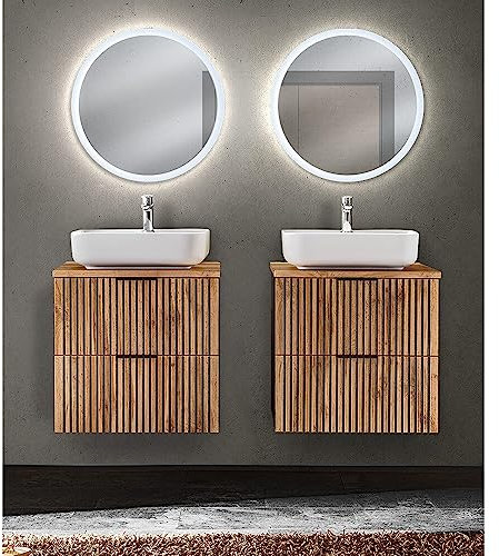 Lomadox Badmöbel Set mit Rillen schwarz 2X Waschplatz mit Unterschrank je 60 cm Keramik Aufsatzwaschbecken Spiegel rund Beleuchtung anthrazit Wotan Eiche Nb.