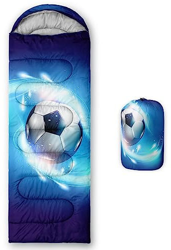 HOSIMA Kinderschlafsäcke für Jungen, Blauer Fußball-Aufdruck, leicht, warm, tragbar, für draußen und drinnen, wasserdicht, kältebeständig, Schlafsack für Camping, Wandern (Fußball10)