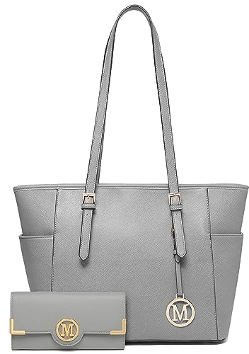 Miss Lulu Handtaschen Schultertaschen Damen, Kunstleder, leicht, große Kapazität, verstellbarer Griff, Hellgrau, 2 Stück, Large
