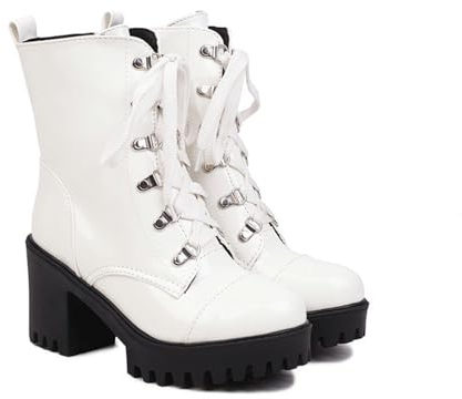in Pelle Verniciata Stivali Corti Lace Up Booties Moto Tallone Spesso Combattimento Stivaletti,Bianca,38 EU