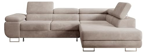 Selsey STEVIL - Ecksofa L-Sofa mit Schlaffunktion, Bettkasten, Ottomane rechts, Cordbezug Dunkelbeige