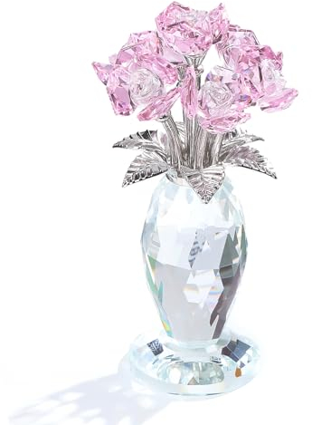 Movdyka Crystal Pink Rose Bouquet Figurines Gifts for Women Romantic Flowers Ornament for Home Decor Anniversary Birthday Valentine's Day Presents for Girlfriend Wife Partner