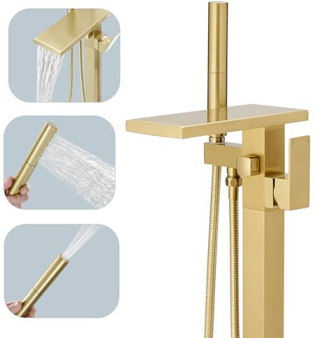Hoimpro Robinet de baignoire autonome en laiton brossé doré brossé avec poignée unique pour baignoire de salle de bain avec baguette de douche à main 2 fonctions