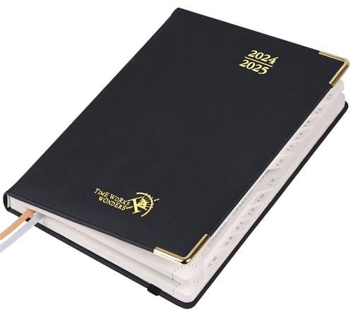 POPRUN Premium Kalender 2025 Wochenplaner (Aug.2024-Dez.2025), ca. A5 (22 x 16,5 cm), 17-Monate-Terminplaner, Buchkalender 2025 Hardcover mit Vergoldete Schutzecken, 100 GSM Papier - Schwarz