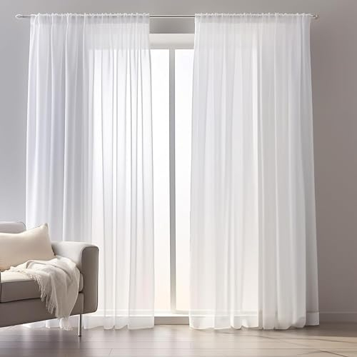 wiipara 2er Set Voile Gardinen Vorhang Weiß, Transparente Weiße Vorhänge Wohnzimmer Curtains aus Voile Polyester, Luftige Gardine Gardinenschals Dekoschal für Schlafzimmer, 132x160CM(BxH), Rod Pocket
