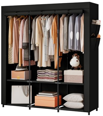 SORCEDAS Portable Closet Wardrobe Storage Organizer Metal Hanging Rack Non-Woven Fabric 50 Inch (Black)