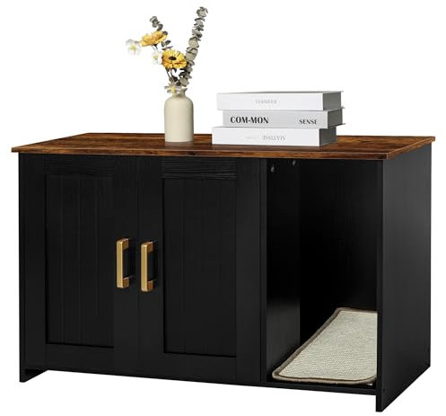 DWANTON Katzentoilette Katzentoilette Möbel versteckt mit Kratzmatte Holz Katze Waschraum Indoor 80.0 cm L x 50.0 cm W x 55.1 cm H, Schwarz und Rustikales Braun
