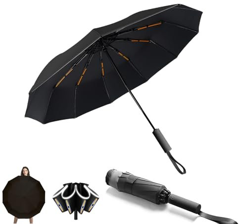 KunpengZen Regenschirm Sturmfest Reverse, 12 Rippen Tragbarer Regenschirm Automatik Auf Und Zu, Faltender Reflektierende Regenschirm Sonnenschutz Wasserdicht FüR Damen Und Herren- Schwarz