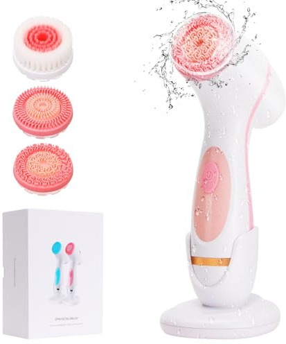 Facial Cleansing Brush, 3 in 1 Electric Facial Cleansing Brush with 3 Brush Heads for Women/Men, Waterproof Rechargeable Face Brushes for Dry Oily Sensitive Skin (Pink)