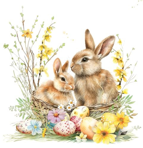 Anniversary House Tiflair Papierservietten, Osterkorb mit Hasen, 3-lagig, 33 x 33 cm, für Tischdekoration und Serviettentechnik, Frühlingshase, Osterei-Illustration, 20 Stück