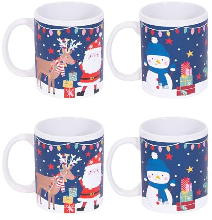 YöL Set Of 4 Christmas Mugs Santa Snowman Design Xmas Festive Tea Coffee Cups Home Kitchen Mug Set