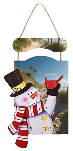 VFKLT Weihnachts-Schneemann zum Aufhängen, Holzbild zum Aufhängen, Winterdekorationen, Gemälde, Strand-Thema, bedruckt, dekorative Malerei, Weihnachtswanddekoration