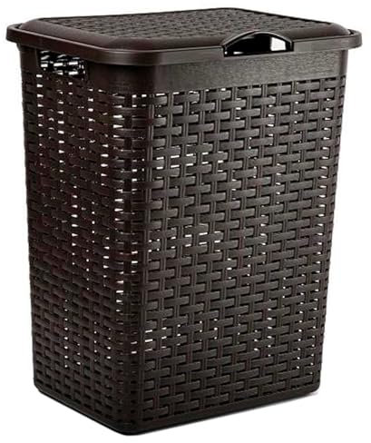 Acan Tradineur - Cesto Rattan para Ropa Sucia con Tapa, pongotodo de plástico con Asas, Cubo para Colada, imitación de Mimbre, Fabricado en España (Wengué - 38 litros - 49 x 38,5 x 29,5 cm)