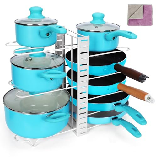 Myiosus Topfdeckelhalter, Pfannenhalter mit 3 DIY-Methoden, Pfannen Organizer mit 8 Verstellbaren Fächern, Topf Organizer für Schrank Töpfe Pfannen Deckel, Senden 1 Reinigungstuch, Weiss