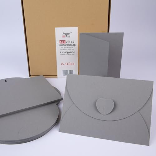 PresentFill® - blanko Falt-Karten inkl. Briefumschläge mit Herz Verschluß - 50er Set - Schiefer Grau - Klappkarten zum selbst gestalten, beschriften oder bedrucken - DIN A6 / C6