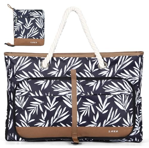 Lekespring Strandtasche Damen Groß mit Reißverschluss, Vielseitiger Damen Shopper Badetasche Saunatasche Reisetasche Tote Bag für Strand Reisen Einkaufen Sport u.Arbeit (Blattdruck)
