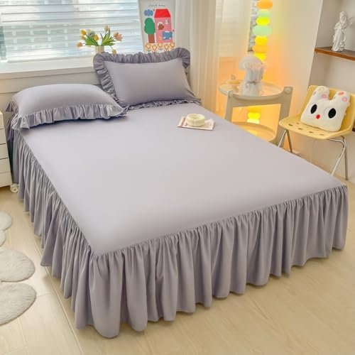 Highdi Betthusse Bettrock Bettvolant, Elastische Bettwäsche mit Rüschen Rüschen Bettwäsche mit Plattform, Bed Skirt Bettrock Umwickeln mit Elastischem Gürtel (180x200cm,Grau)