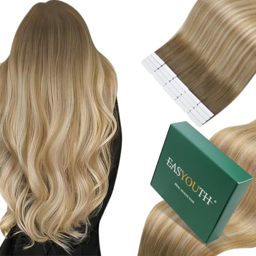 Easyouth Tape in Extensions Echthaar Blond Ombre Leichtes #6/27/60 40cm | Extension Tapes Mittelbraun Mix Honigblond Balayage Platinblond, Natürlicher Glanz, Weiche Textur, 40g, 20stücke
