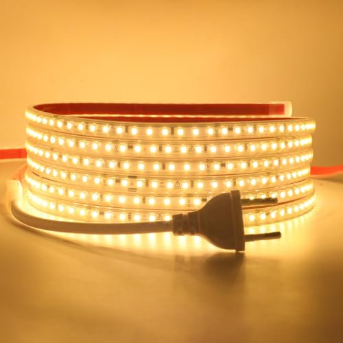 HEGEHE Conexión a AC220-240V Tira de LED,120LEDs/m SMD2835 Flexible Superbright Tira de luz LED cadena de luz de cuerda Autoadhesiva con enchufe para Navidad（5m, Blanco Cálido）