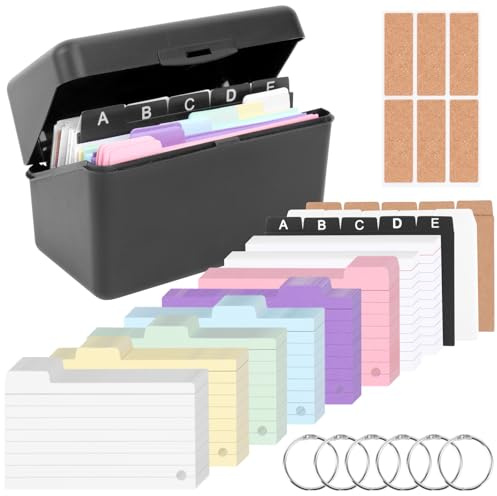 Karteikasten Box Schwarz, 14 x 7,8 x 8,8cm Lernkarteibox inkl. 280 Karteikarten Bunt 15 Register 6 Ringen 6 Aufkleber Karteikarten Box für Studenten Lernen Notizen Schulsachen Büro Zuhause