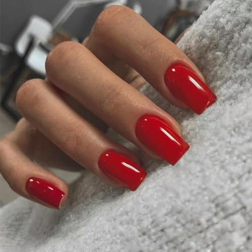 SXVME Red False Nails Short Medium Square, Gel Press on Nails Coffin Medium Glossy Fake Nails Set Solid Color Acrylic Nail Natural Fit Reusable Stick on Nail for Women Daily Wear, in 24 Pcs