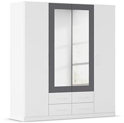 Rauch Möbel Belfast Kleiderschrank, Schrank, Garderobe, Organizer, 4-türig, mit Spiegel, 4 Schubladen für mehr Stauraum, Farbe Weiß, Stangengriff Weiß, 181x197x54cm