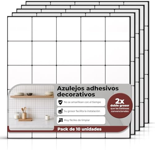 AMARA DECO - 10 Unidades Azulejos Adhesivos Cocina y Baño 30x30cm. Baldosas Adhesivas Pared con Efecto Azulejo 3D, Impermeables, Resistentes al Calor y Fáciles de Limpiar (Cuadrados, Blanco/Negro)