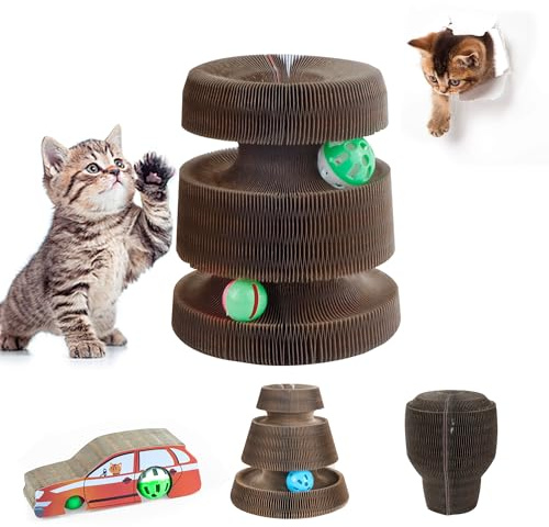 xyuayamz Kratzbrett Katze, Cardboard Cat Toy, Magic Organ Cat Scratching Board, Abriebfest Kratzbretter Katze, Cats Spielzeug Pappe mit 2 Glockenball, Foldable Interaktives Katzenspielzeug