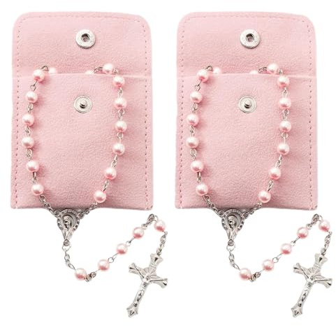 QMLING 2 Stück Rosenkranz Katholisch Rosa Rosenkranz Kette mit Retro-Kreuz