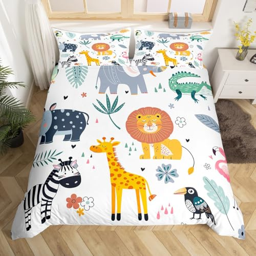 Loussiesd Kinder Zoo Tier Bettwäsche Set 135x200cm Nette Safari Wilde Tiere Bettbezug Set Giraffe Löwe Zebra Drucken Betten Set für Jungen Mädchen Schlafzimmer Dekor