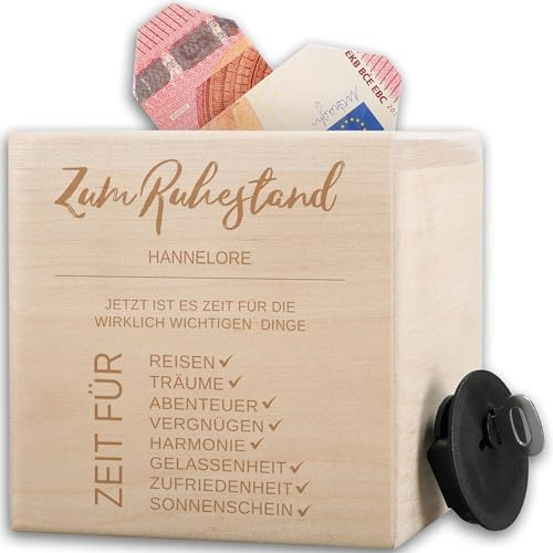 Spardose Holz - Rentnerin - Holzspardose zum Ruhestand Sparbüchse Rente Geldgeschenk Ruhestand Verpackung Geld Geschenk Pension I - 10x10cm - Holz - geldgeschenke sparschwein Fuer Frauen gelddose