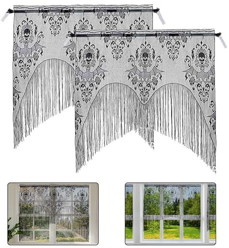 Halloween Spitze Schädel Fenstervorhang,2 Stück Spitze Halloween Deko Vorhang,Halloween Türvorhang Quaste Türvorhang für Wohnzimmer Schlafzimmer Wand Fenster Kamin Abdeckung Gruselig Party Deko
