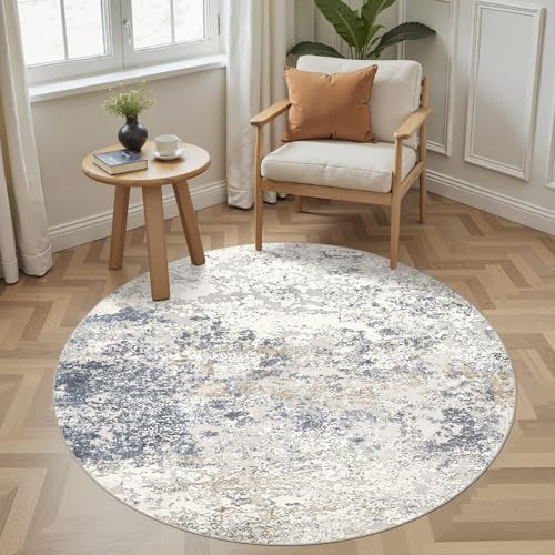 DMOYEST Teppich Rund 135cm Modern Beige Blau Waschbar | Kurzflor Weich Maschinenwaschbar Rutschfest, Kinder und Haustierfreundlich für Wohnzimmer, Schlafzimmer und Esszimmer