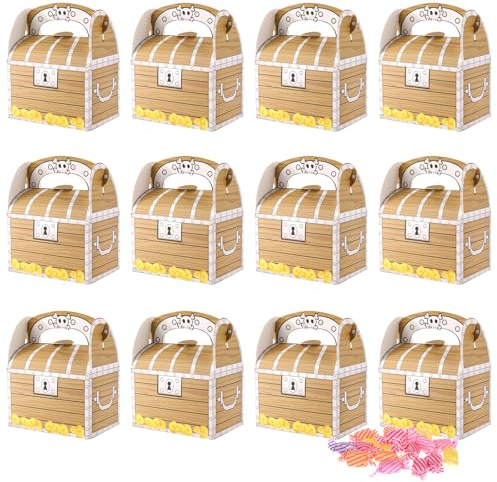 12 Stück Piraten Schatzkiste für Snack Süßigkeiten Schokolade Schatzkarte | Pirat Schatz Truhe Mitgebsel Box mit Griff, Pirat Schatztruhe Kindergeburtstag, Piraten Party Box Schatztruhe Kinder