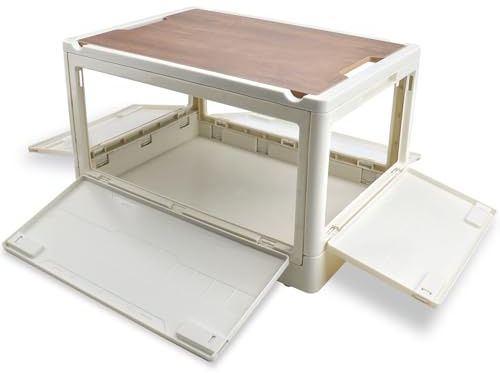 Roellgs 55L household folding storage box wooden cover thickened outdoor multifunctional camping car storage box can be used as a bedside table (white, 55L)