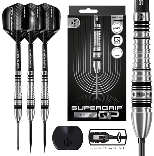 Harrows SuperGrip QP Bomb 90% Tungsten Darts | Steeltip Darts Set mit Quick Point Wechselsystem | Erhältlich in 23g und 25g | Inkl. Supergrip Shafts & 100-Mikron Flights