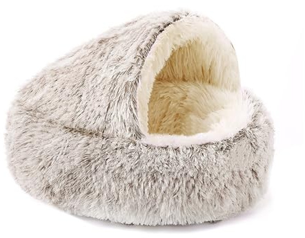 Cozy Cocoon Hundebett, Cozy Nook Haustierbett für Hunde oder Katzen, Anti-Angst, beruhigendes Plüsch-Hundebett, Nest Hundebetten, gemütliches Katzenbett (Kaffeebraun, kurz, L: 60 cm)
