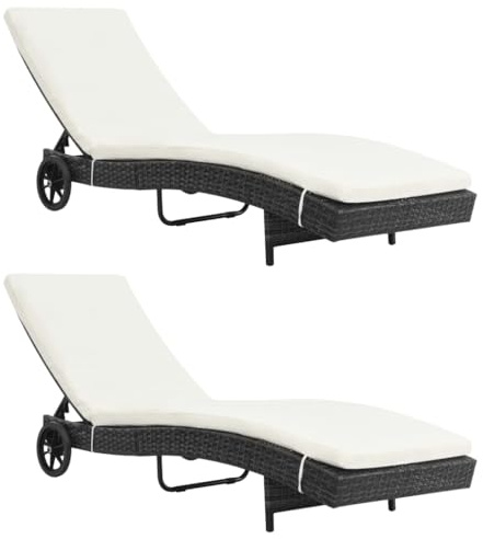 Owoxanthellate Sonnenliegen Set aus PE Rattan mit cremeweißen Auflagen verstellbare Chaiselongue mit Rollen 199 x 60 x 37 cm robust wetterfest für Garten Terrasse Balkon