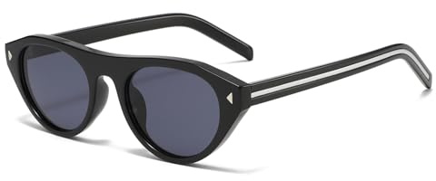Long Keeper Oval Cat Eye Sunglasses for Women Ladies Trendy Small Round Sunglasses Retro Vintage Cateye Shades with UV Protection for Travel Driving Daily (Black Frame - Dark Grey Lens)