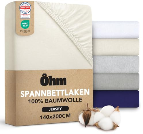 Ôhm Spannbettlaken 140x200 Beige – Jersey Spannbetttuch 100% Baumwolle Elastisch – Weich & Atmungsaktiv – Steghöhe 28 cm für Hohe Matratzen – Oeko-TEX
