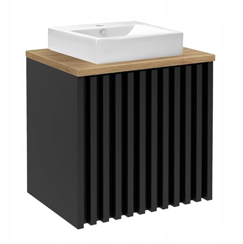 .Deftrans - Waschtisch mit Unterschrank 60 cm hängend - modernes Badezimmer Waschtisch Set schwarz - Aufsatzwaschbecken mit Unterschrank kompakt - Badmöbel für kleine Bäder Holzoptik Eiche