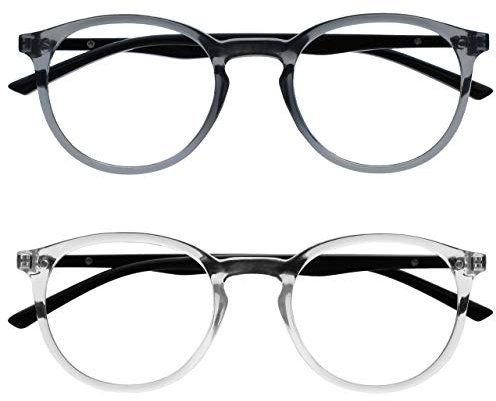 OPULIZE Met Lesebrille 2er Pack Schlank Runder Rahmen Federscharniere Kratzfest Transparent Grau Transparent Schwarze Herren Damen RR60-7C +1.50