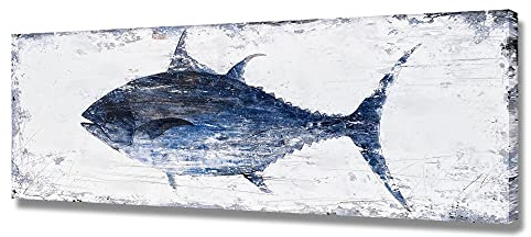 BATRENDY ARTS Thunfisch Bild Wandkunst Marineblau und Weiß Fisch Leinwand Gemälde nautisch Strand Küste Stil Kunstwerk für Badezimmer Wohnzimmer fertig zum Aufhängen